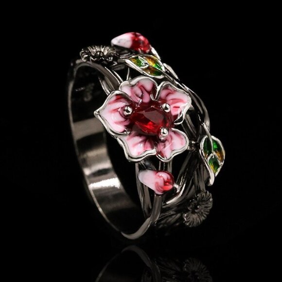 Jewelry - Jewelry ring band flower floral pink red stone black fashion beautiful new